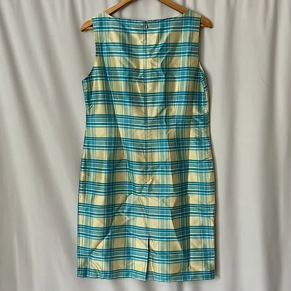 Bob Mackie Studio 💯% Silk Yellow/Blue Plaid Sleeveless Sheath Dress **Size 10** - Picture 2 of 3